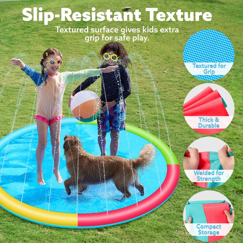 SLOOSH Non-Slip Splash Pad Sprinkler - Outdoor Water Play Toys Backyard Fountain Mat for Toddlers Kids Dogs, Thickened Sprinkler Outside Pool Party Durable for Girls Boys Pets (72in, Multicolor) - Image 3